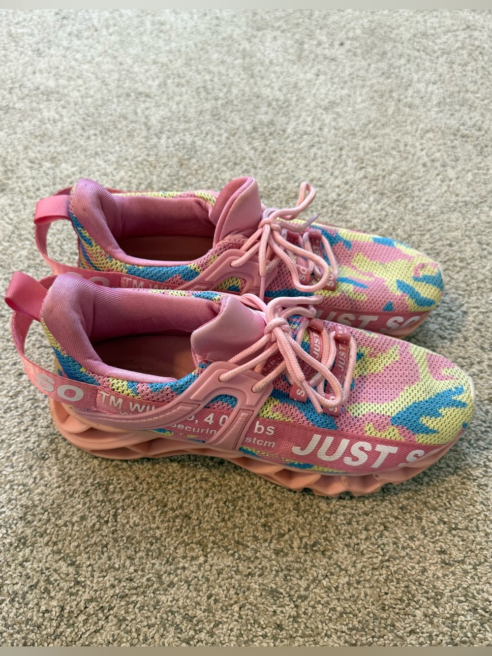 Just So So Pink Camouflage Tennis Logo Athletic Lace Up Running Sneakers Size 39